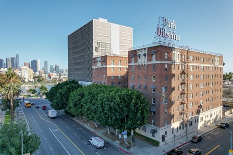 A city street with a building at Park Wilshire, Los Angeles, CA