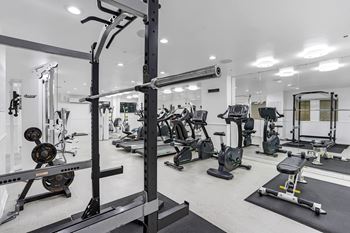 A well-equipped gym with various exercise machines and weights.