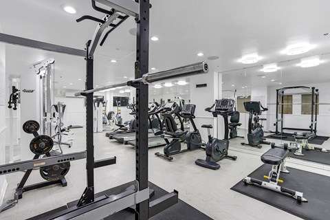 A well-equipped gym with various exercise machines and weights.at Park Wilshire, Los Angeles, 90057