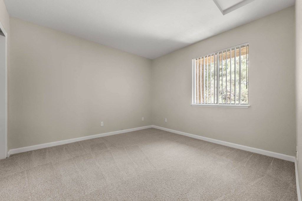 an empty room with carpet and a window