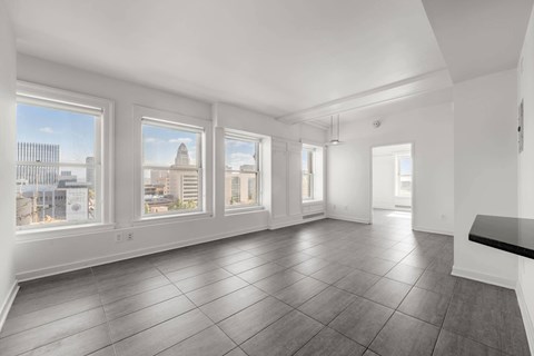 Spacious living room at Grand Central Market Apartments, Los Angeles 