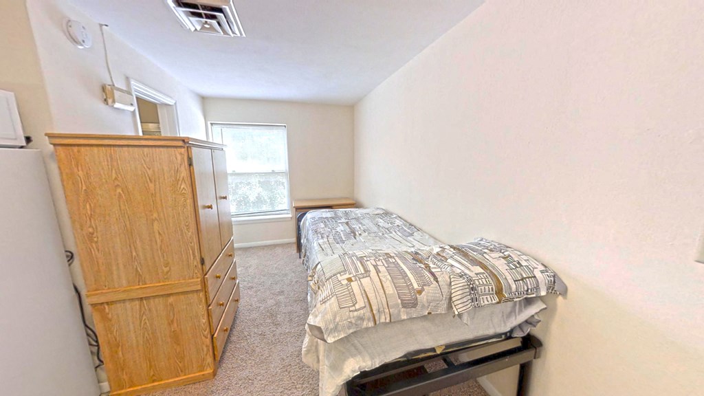 a bedroom with a bed and a dresser