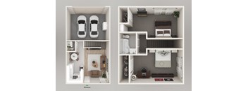 a 3d rendering of a bedroom and a living room with 3d floor plans