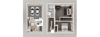 a 3d rendering of a bedroom with a bathroom and a living room