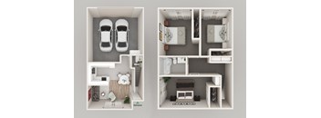 a 3d rendering of a floor plan with two views of a house and a