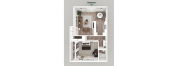 a rendering of a 1 bedroom floor plan with a living room and a dining room