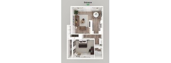 a rendering of a 1 bedroom floor plan with a living room and a dining room