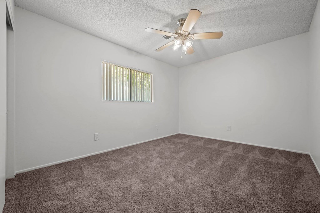 a living room with carpet and a ceiling fan