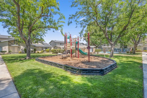 a playground in a park with trees and houses in the background