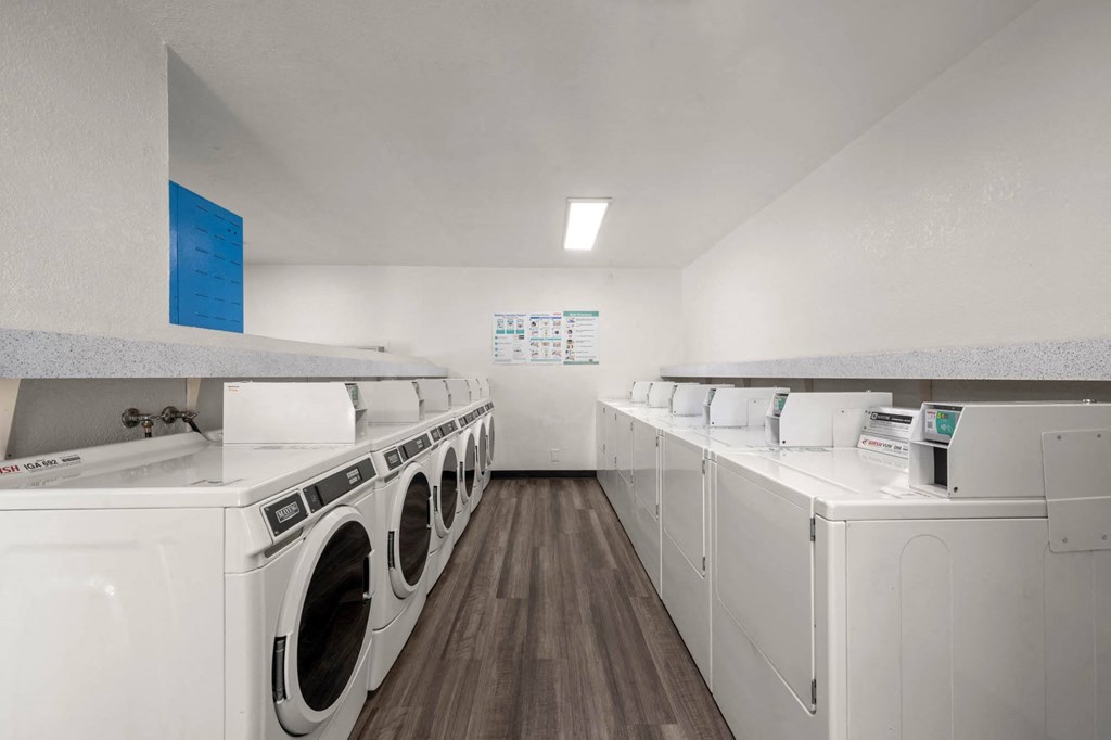 a laundry room with washers and dryers and a row of washing machines