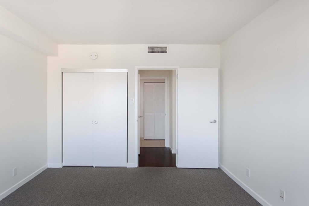 A room with two white doors and a carpeted floor.