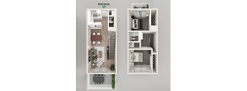 a bedroom floor plan and a living room with a balcony