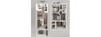 a room with a bedroom and a living room