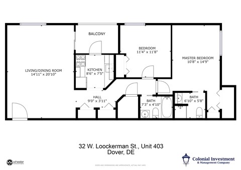 A black and white image of a floor plan for a two bedroom apartment.