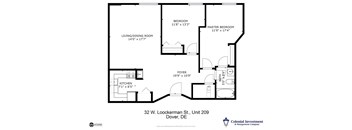 a floor plan of a bedroom floor plan with a bathroom and a living room