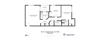 A black and white image of a floor plan for a property at 32 W. Loockerman St., Unit 403, Dover, DE.