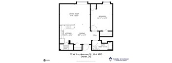 a floor plan of a studio apartment with a bedroom and a living room