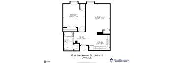 a floor plan of a studio apartment with a bedroom and a living room