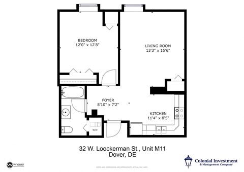 a floor plan of a studio apartment with a bedroom and a living room