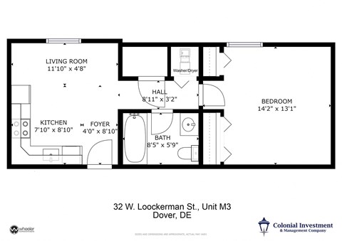 A floor plan of an apartment at 32 W. Loockerman St., Unit M3 in Dover, DE.