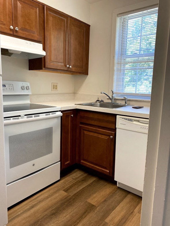 Garden Court Apartments - Kithen / Electric Range / Range Hood / Dishwasher / Garbage Disposal / Wood-grain vinyl plank flooring