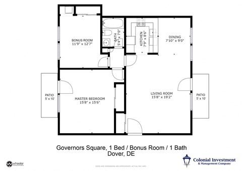 Governors Square Apartments - Floor Plans for 1 level apartment - 1 bedroom / 1 bonus room / 1 bath / 2 patios