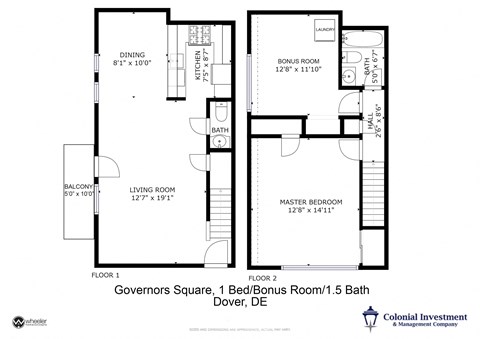 Governors Square Apartments - Floor Plan for 2-level units - 1 bedroom / 1-1/2 baths/ large balcony