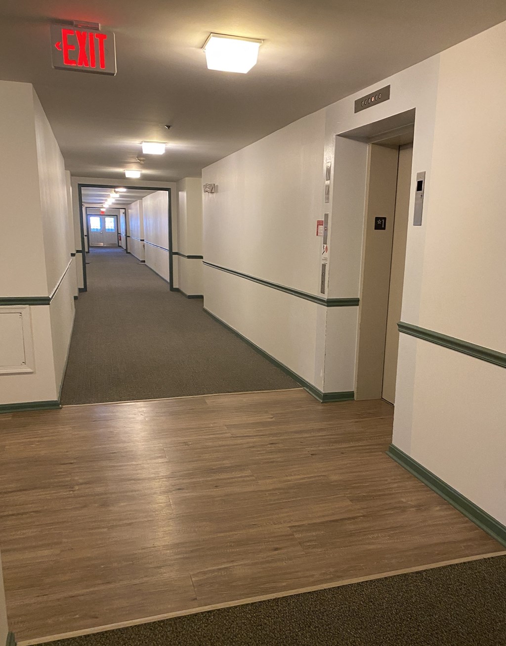 Kings Court Apartments - Main Building - Ground floor hallway to apartments from elevator lobby / wood-grain vinyl plank flooring in lobby / carpet in hallway