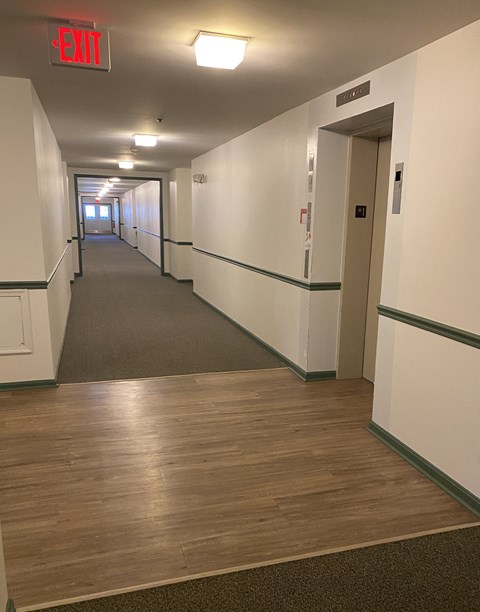 Kings Court Apartments - Main Building - Ground floor hallway to apartments from elevator lobby / wood-grain vinyl plank flooring in lobby / carpet in hallway