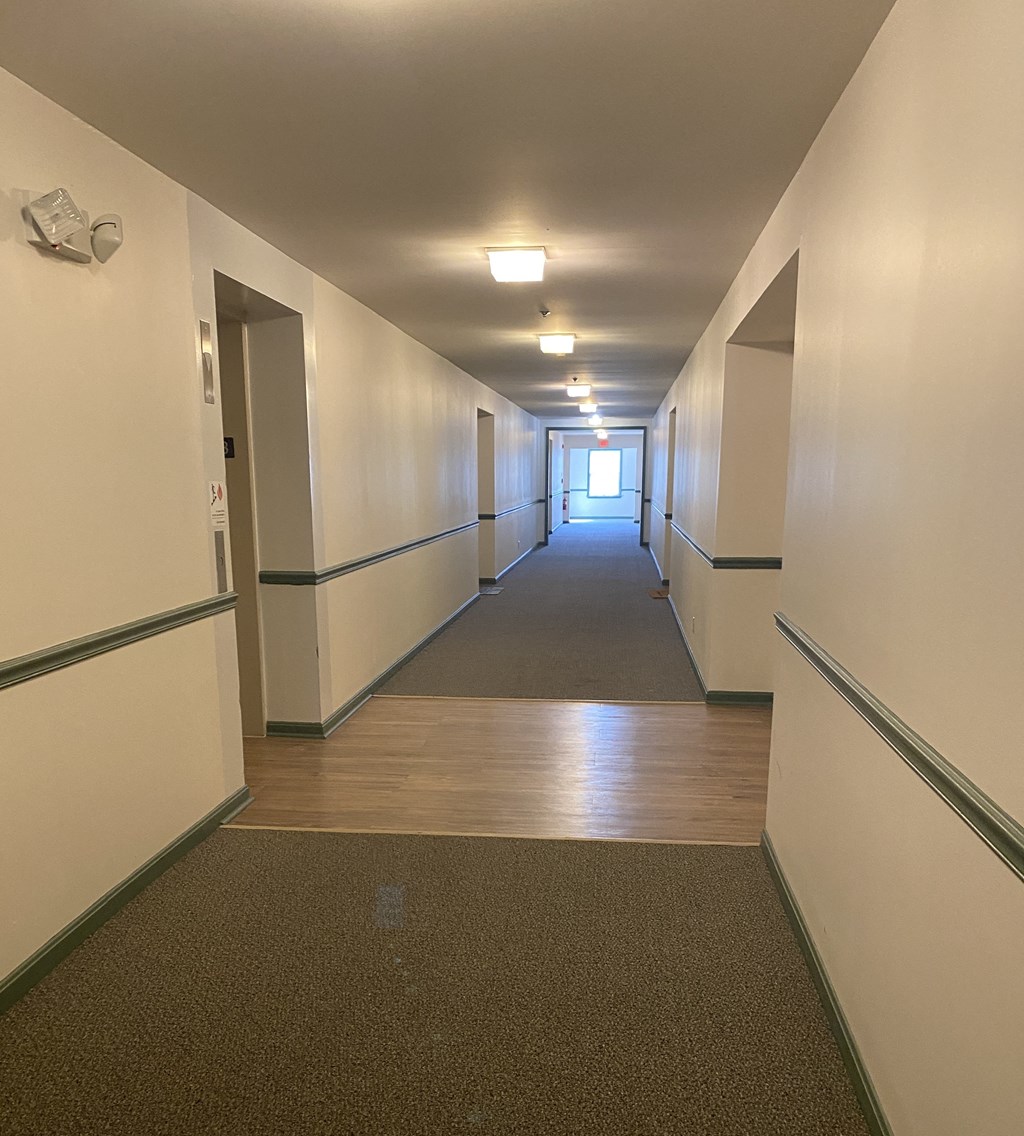 Kings Court Apartments - Main Building - Hallway to apartments / Carpet / elevator lobby / wood-grain, vinyl plank in elevator lobby