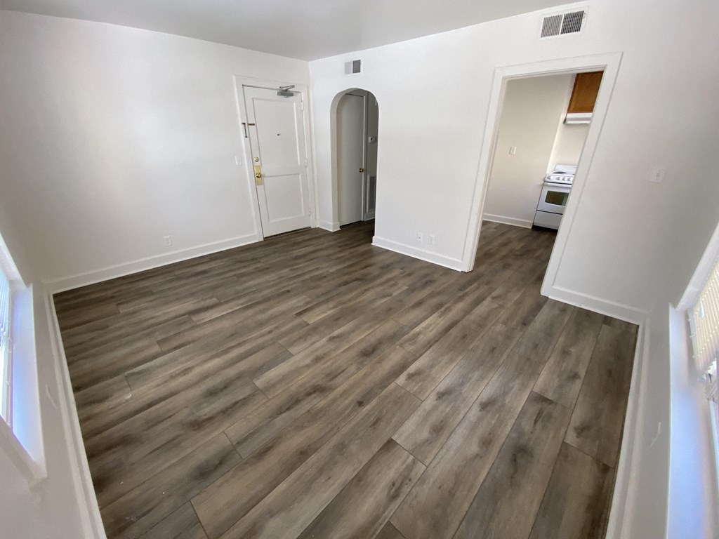 Mitten Apartments - Living room / Arched doorway / Wood-grain, vinyl plank flooring