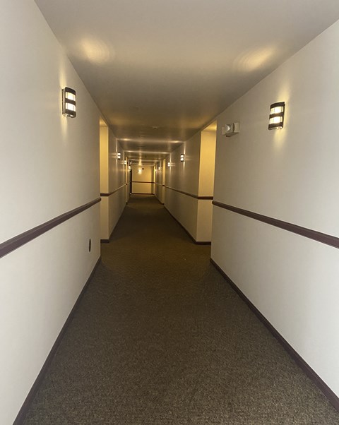 Silver Mill Apartments - Interior hallway to apartments / Carpet flooring