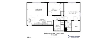 American Square Apartments - Floor Plan for 2-Bedrooms / 2 full Baths (1 with tub & 1 with walk-in shower)