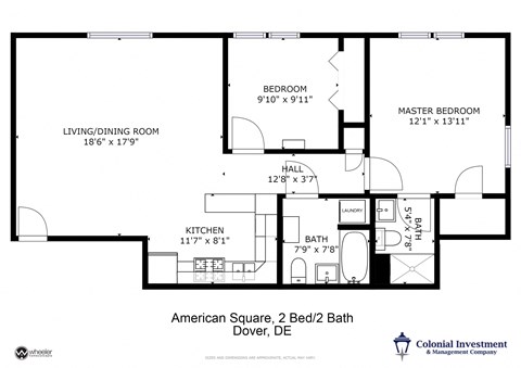 American Square Apartments - Floor Plan for 2-Bedrooms / 2 full Baths (1 with tub & 1 with walk-in shower)