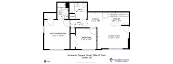 American Square Apartments - Floor Plan for 2-Bedrooms / 2 full Baths (1 with tub & 1 with walk-in shower)