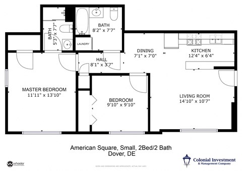 American Square Apartments - Floor Plan for 2-Bedrooms / 2 full Baths (1 with tub & 1 with walk-in shower)