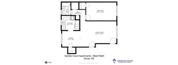 Garden Court Apartments - Floor Plan for One Bedroom / 1 full Bath / Second Floor