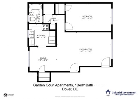 Garden Court Apartments - Floor Plan for One Bedroom / 1 full Bath / Second Floor