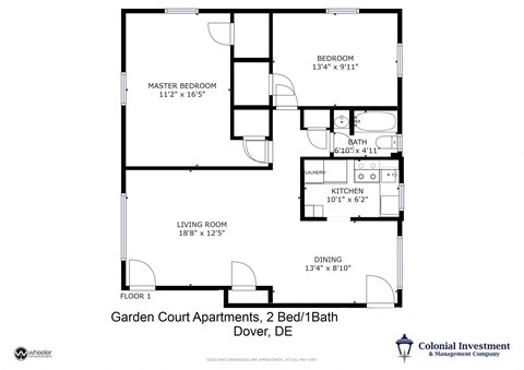 Garden Court Apartments - Floor Plan for 2-Bedrooms / 1 full Bath / First Floor