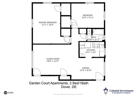 Garden Court Apartments - Floor Plan for 2-Bedroom / 1 full Bath / 2nd-Floor