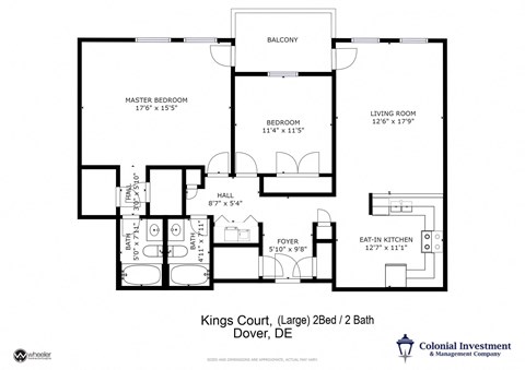 Kings Court Apartments - Floor Plan for 2-Bedrooms / 2 full Baths / Balcony