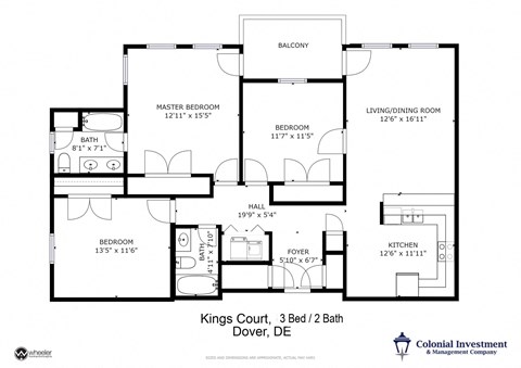 Kings Court Apartments - Floor Plan for 3-Bedrooms / 2 full Baths / Balcony