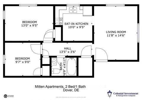 Mitten Apartments - Floor Plan for 2-bedroom / 1 full bath apartment