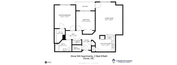 a floor plan of two bedrooms with a bathroom