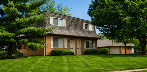 A house with a brown roof and a grey garage door.