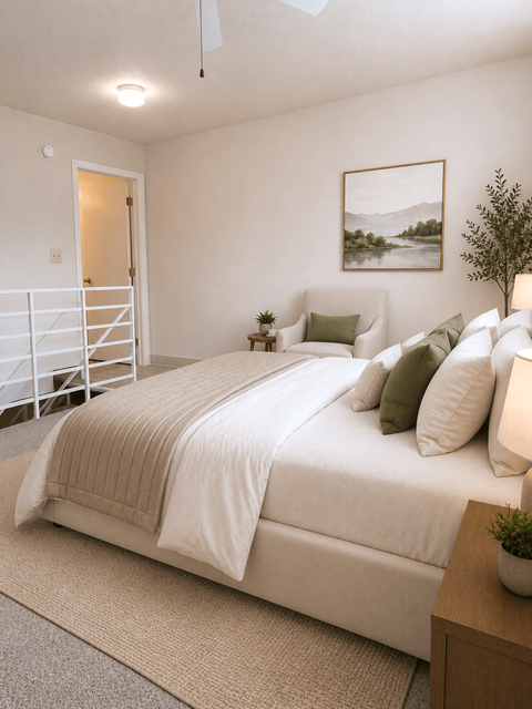 A bedroom with a large bed and a painting on the wall.