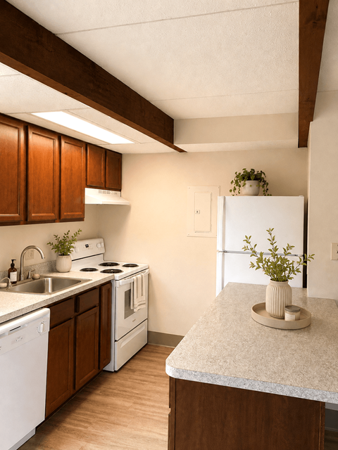 A kitchen with a white fridge, wooden cabinets, and a marble countertop.