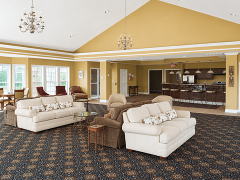 A living room with two couches and a chandelier.