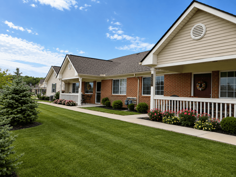 A row of houses with white picket fences and flower gardens in front.