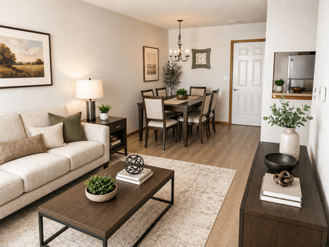 A living room with a white couch, a coffee table, and a dining table set up.